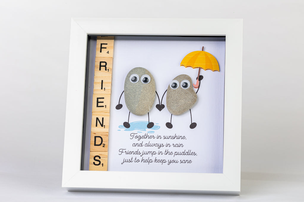 Friends in the Rain – Pebble Art – 6×6 Box Frame