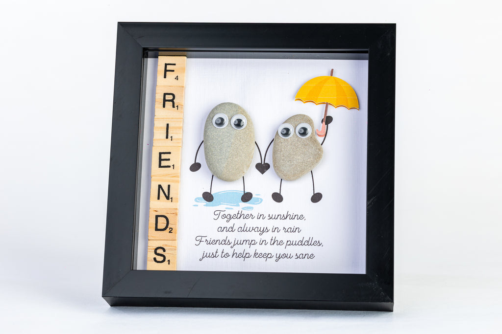 Friends in the Rain – Pebble Art – 6×6 Box Frame