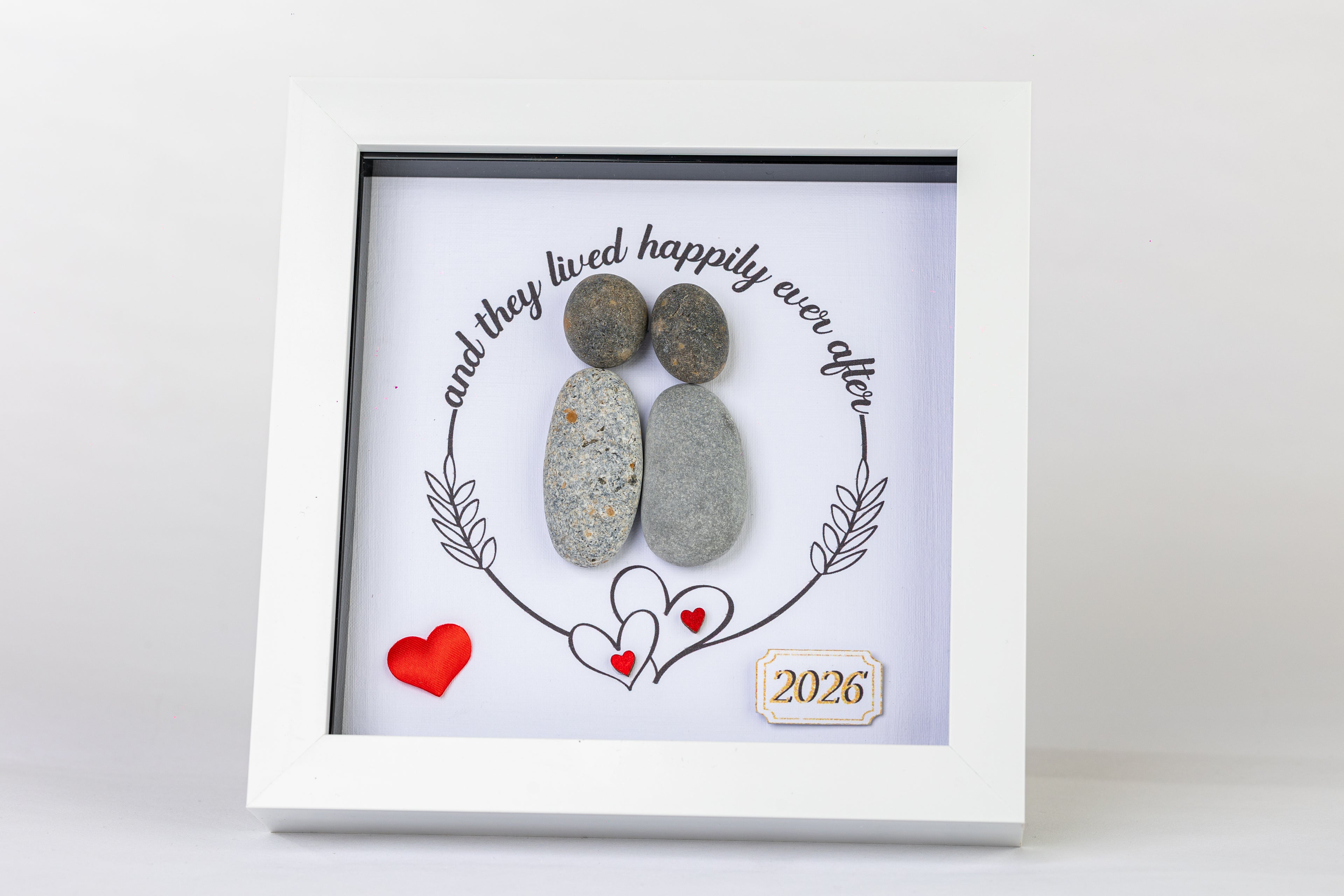 Happily Ever After – Wedding / New Home Pebble Art – 6×6 Box Frame