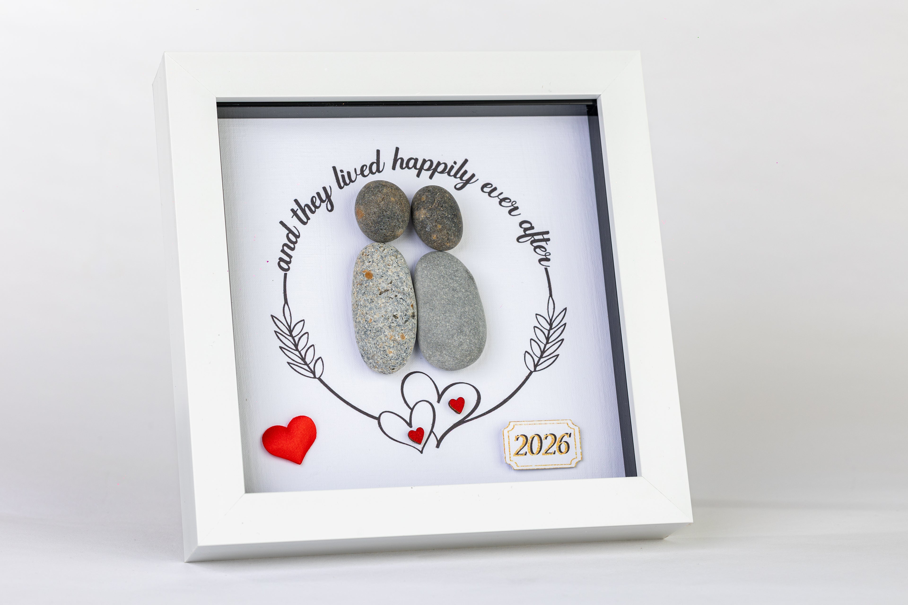 Happily Ever After – Wedding / New Home Pebble Art – 6×6 Box Frame