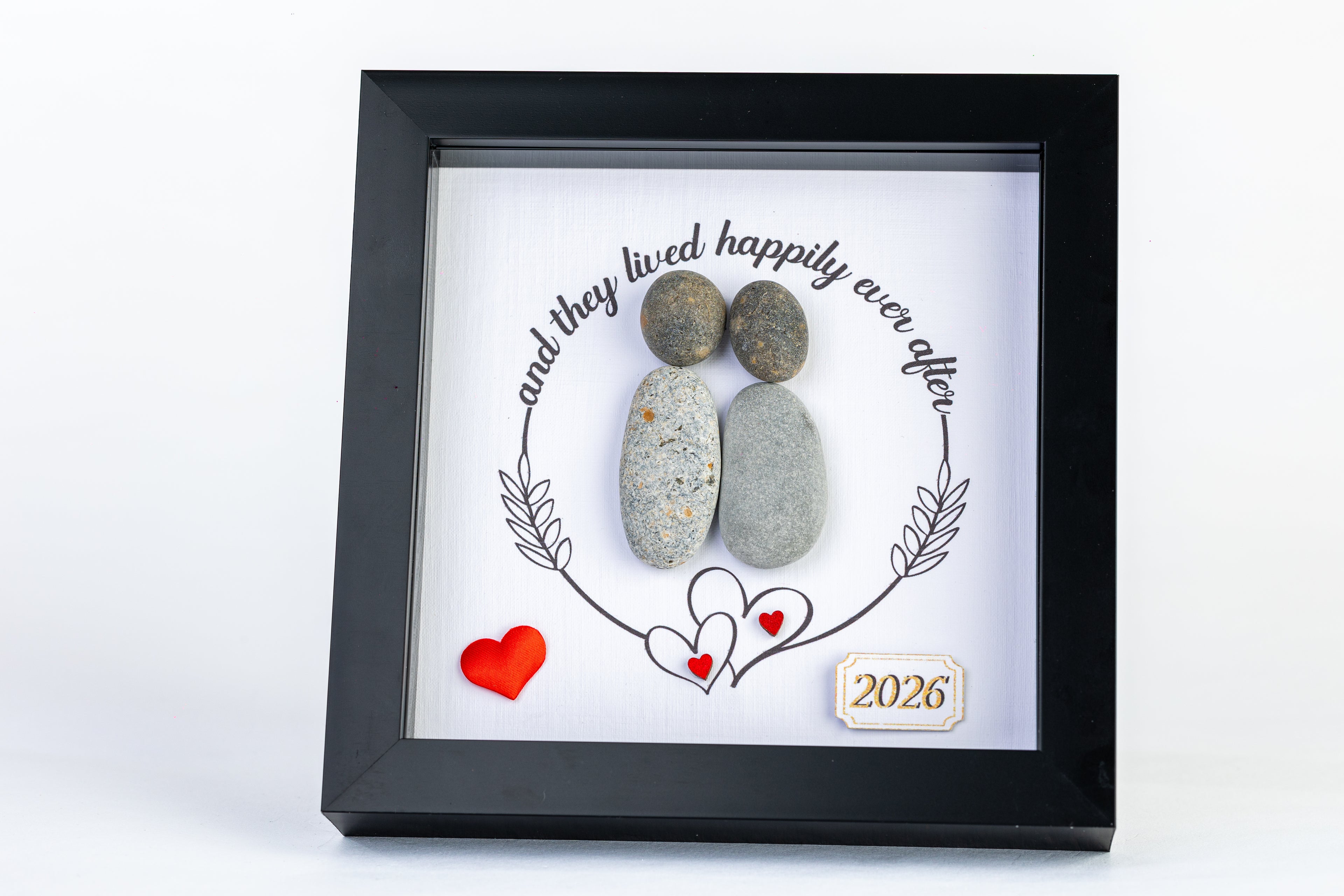 Happily Ever After – Wedding / New Home Pebble Art – 6×6 Box Frame