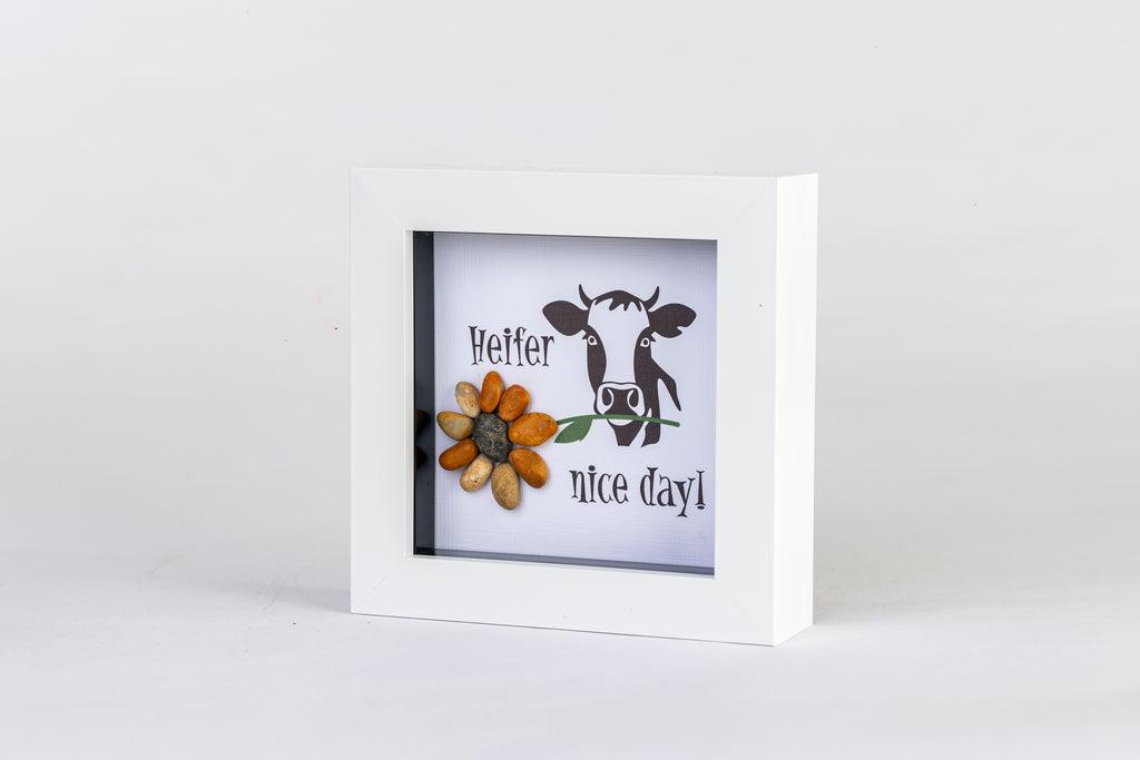 Heifer Nice Day – Pebble Art – 4×4 Box Frame