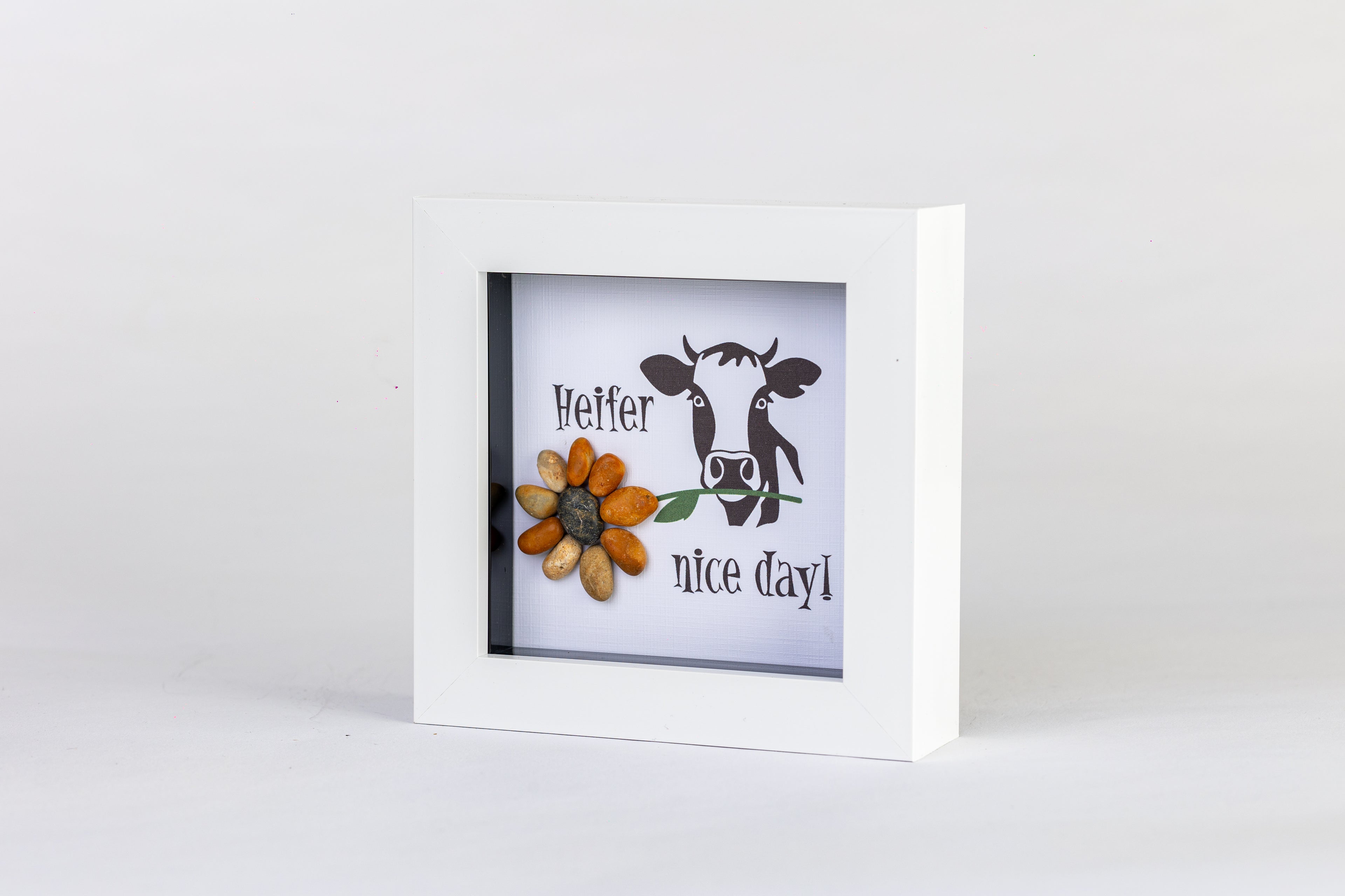 Heifer Nice Day – Pebble Art – 4×4 Box Frame