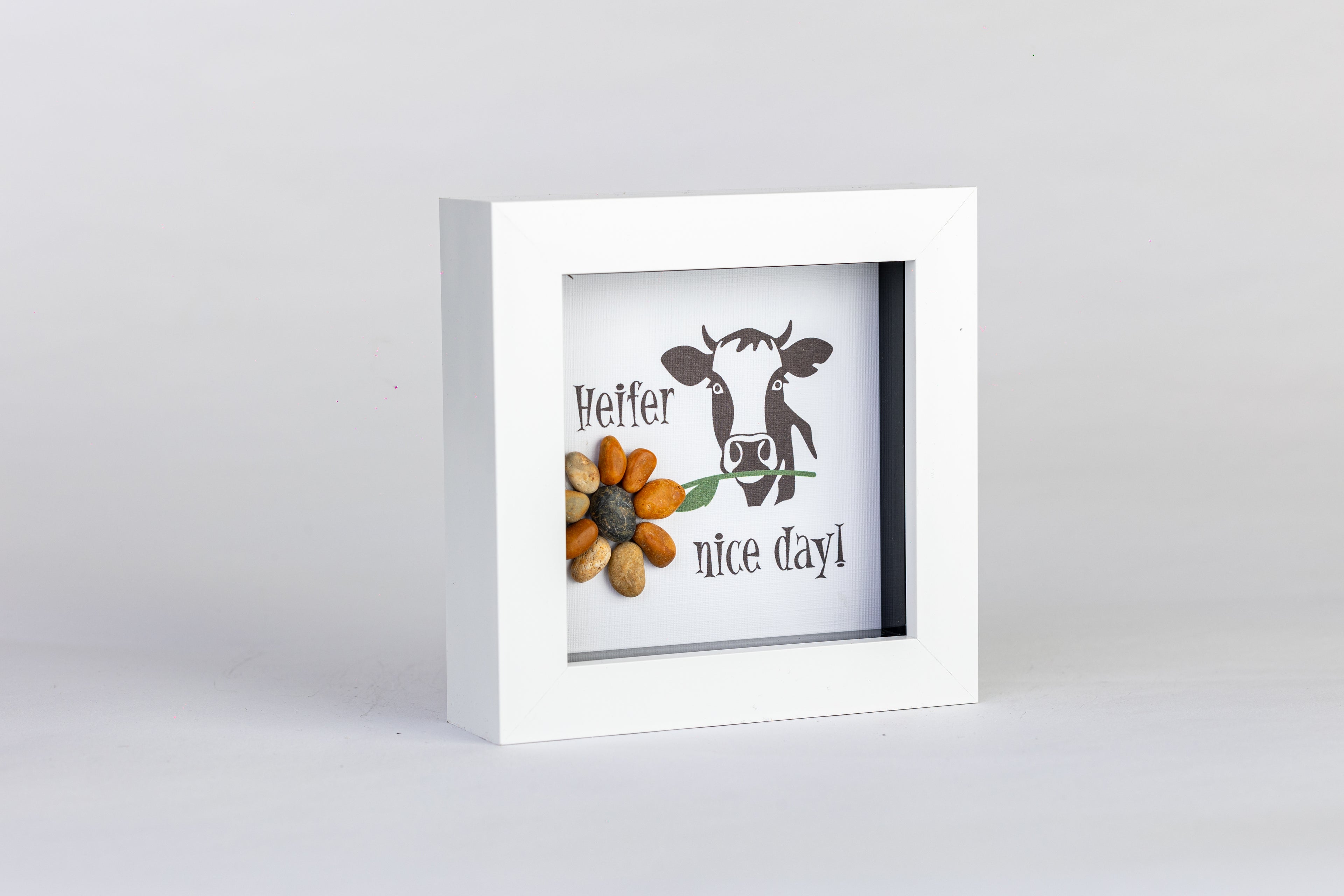 Heifer Nice Day – Pebble Art – 4×4 Box Frame