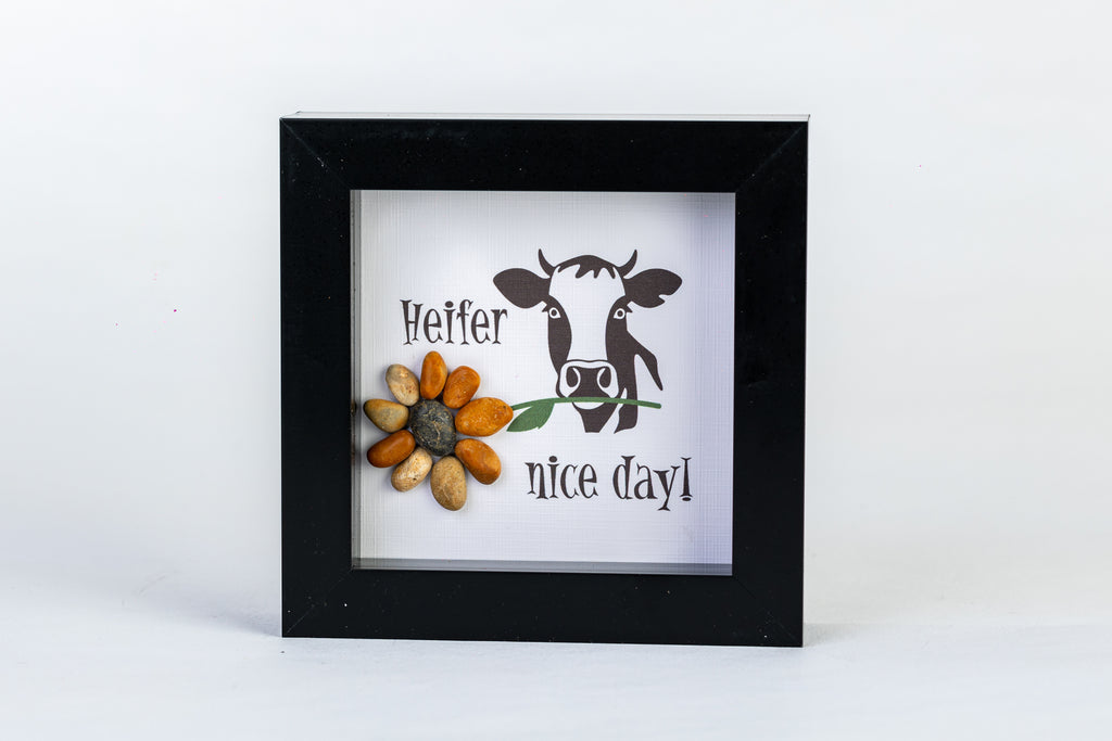 Heifer Nice Day – Pebble Art – 4×4 Box Frame