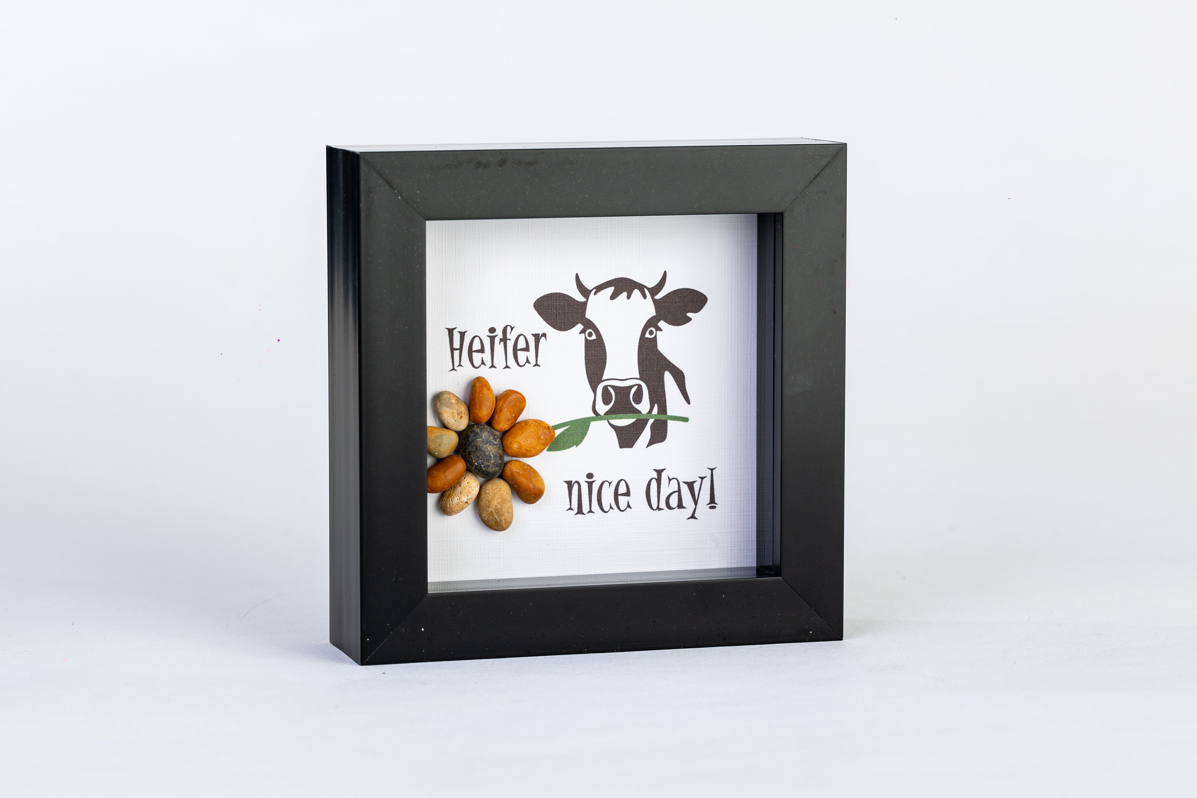 Heifer Nice Day – Pebble Art – 4×4 Box Frame